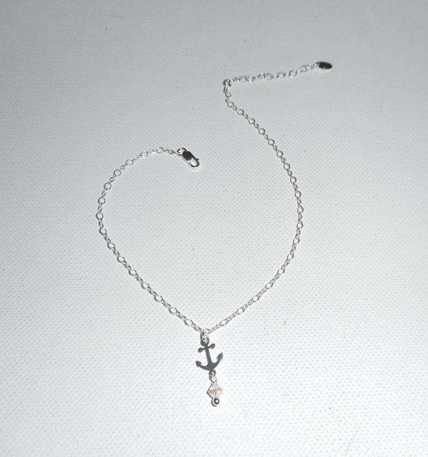 Pulseira de âncora/corrente de âncora com âncora de cristal e topo giratório em corrente de prata 925