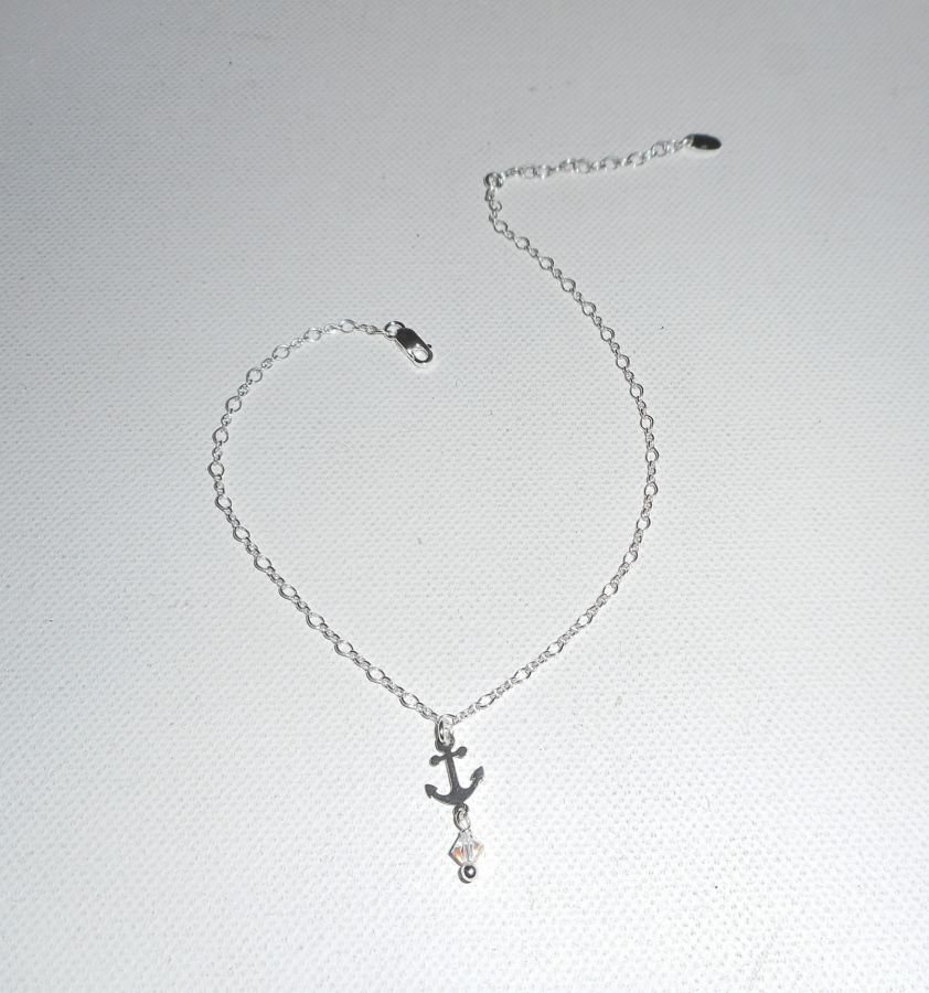 Pulseira de âncora/corrente de âncora com âncora de cristal e topo giratório em corrente de prata 925