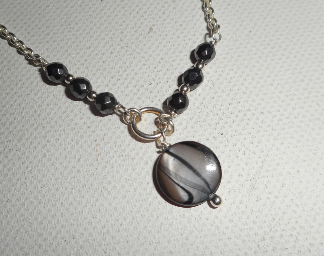 Pulseira original de prata 925/corrente de lenço com pérolas cinzentas e pedras hematitas