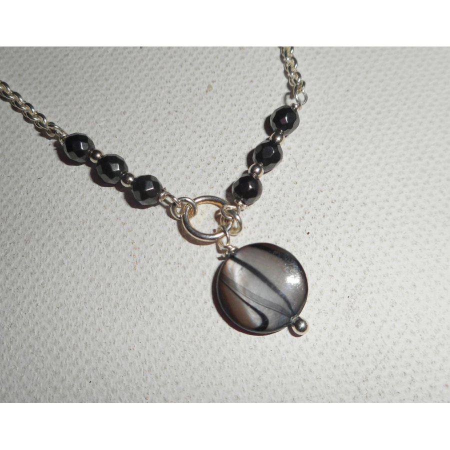 Pulseira original de prata 925/corrente de lenço com pérolas cinzentas e pedras hematitas