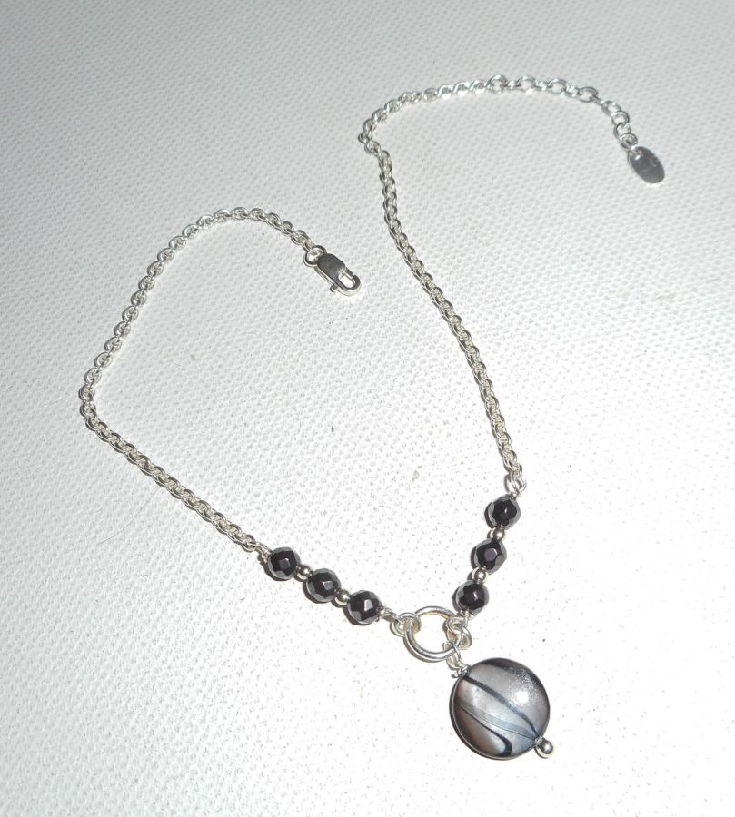 Pulseira original de prata 925/corrente de lenço com pérolas cinzentas e pedras hematitas