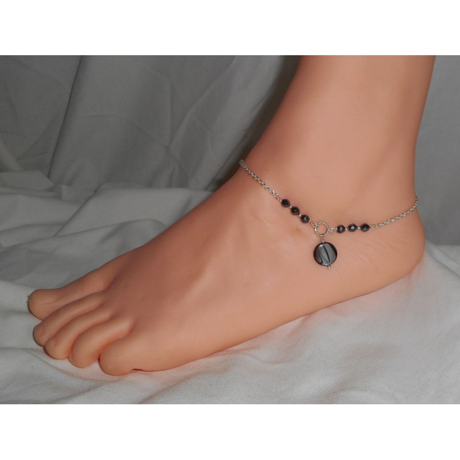 Pulseira original de prata 925/corrente de lenço com pérolas cinzentas e pedras hematitas