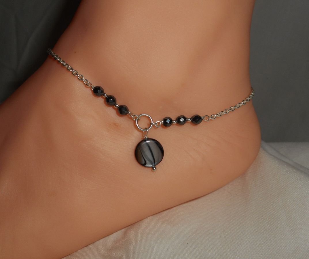 Pulseira original de prata 925/corrente de lenço com pérolas cinzentas e pedras hematitas