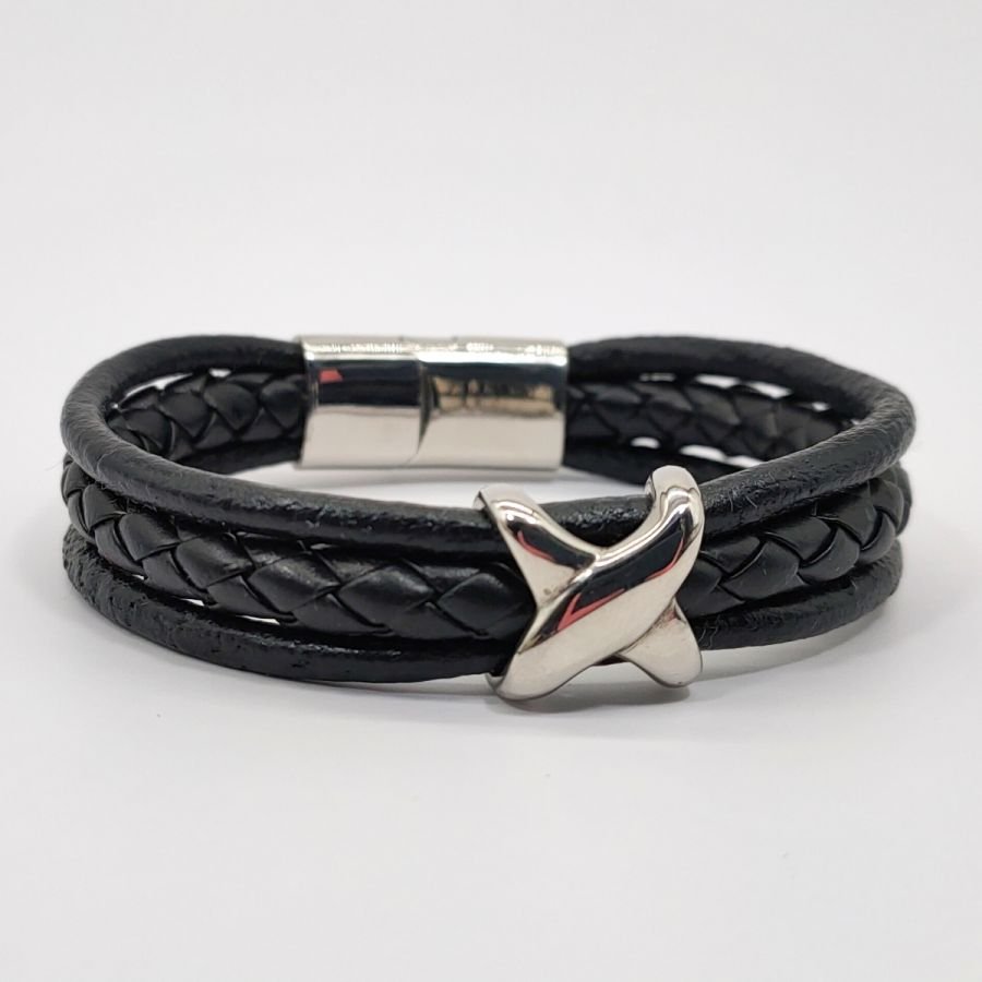 Pulseira de aço inoxidável X para homem em couro preto