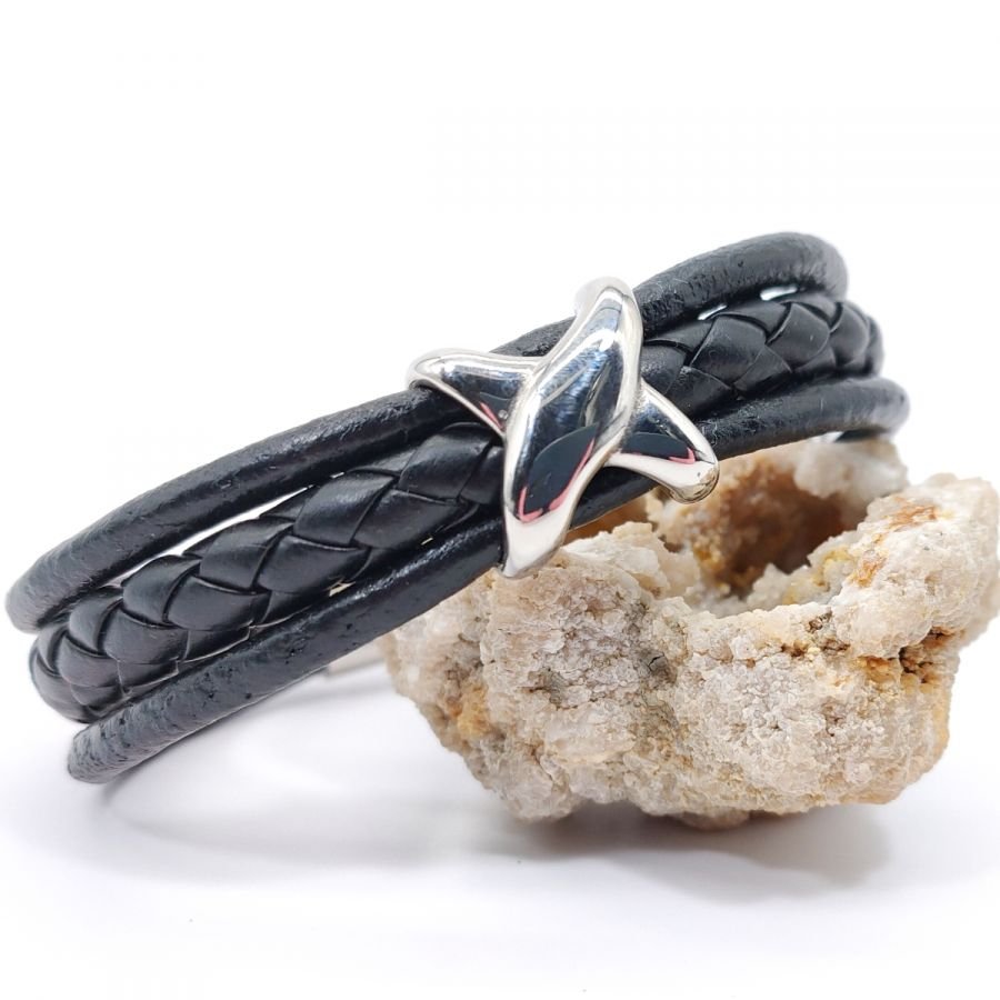 Pulseira de aço inoxidável X para homem em couro preto