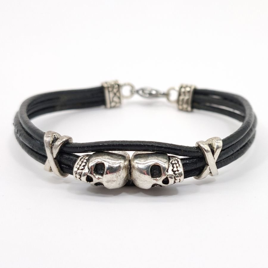 Pulseira masculina de couro preto multi-fio com conta dupla de crânio 