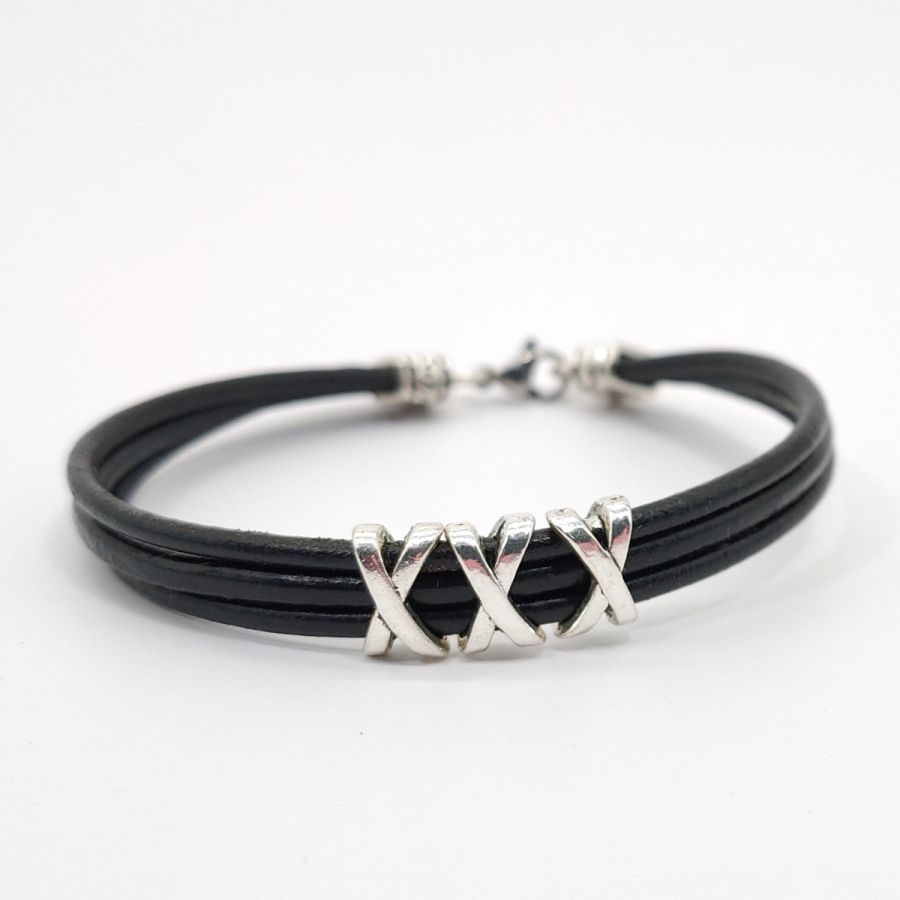 Pulseira masculina de couro preto multi-fio com pérola XXX