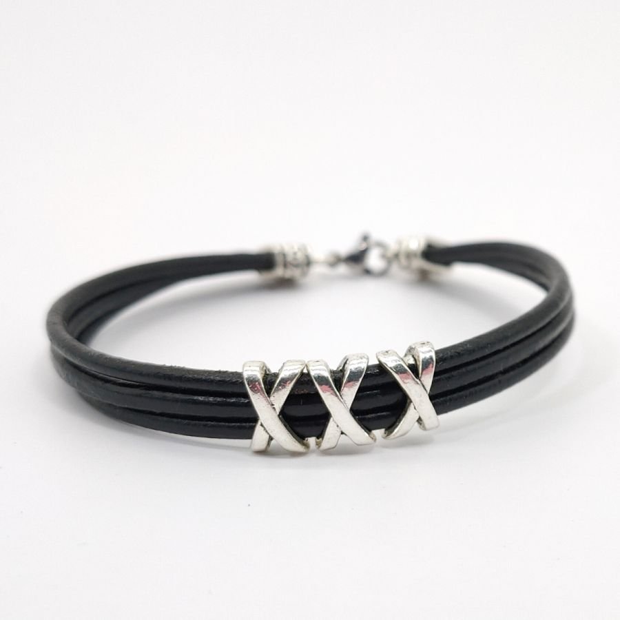 Pulseira masculina de couro preto multi-fio com pérola XXX