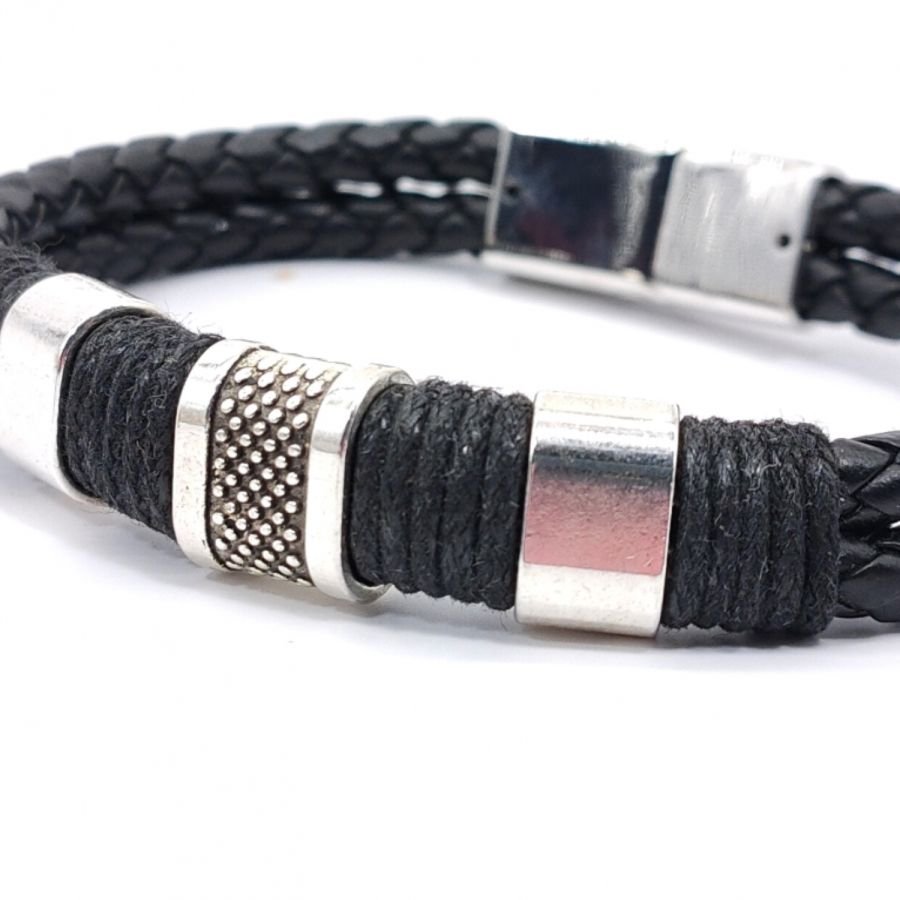 Pulseira de homem com 3 laços e corda em couro preto