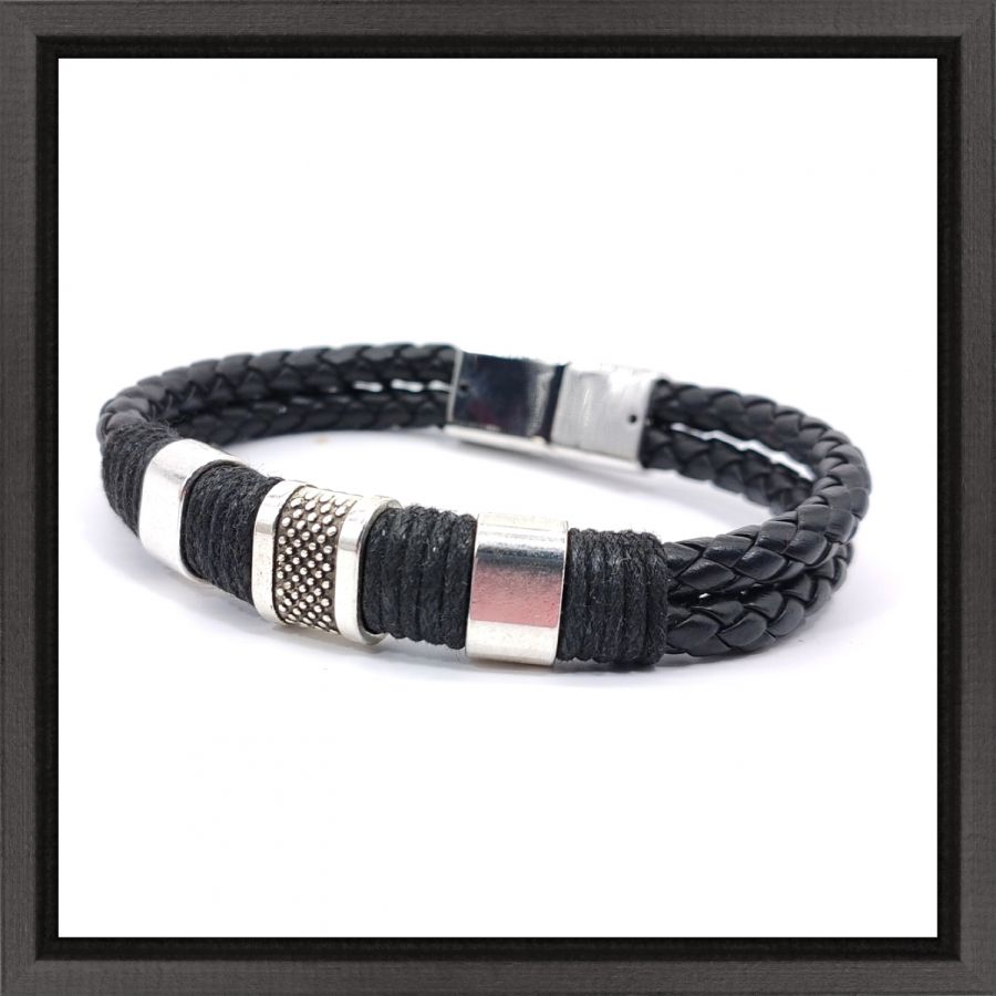 Pulseira de homem com 3 laços e corda em couro preto