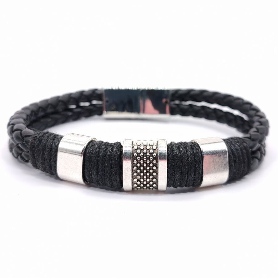 Pulseira de homem com 3 laços e corda em couro preto
