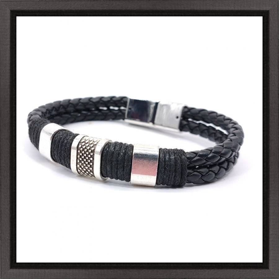 Pulseira de homem com 3 laços e corda em couro preto