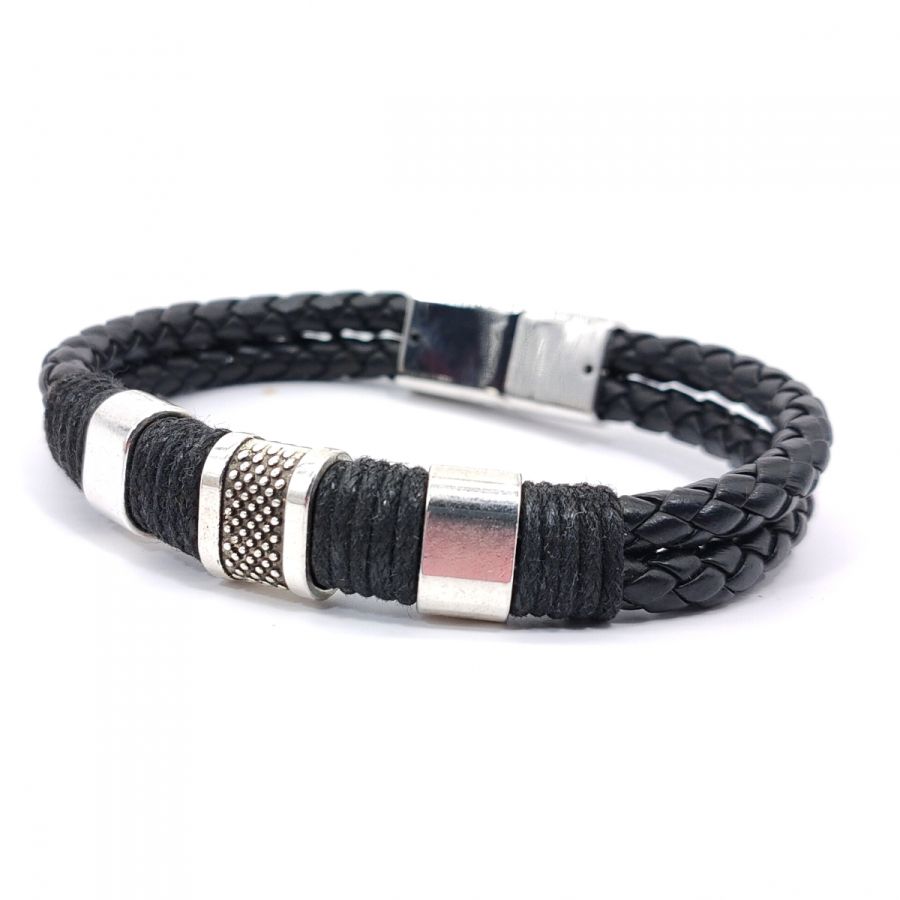 Pulseira de homem com 3 laços e corda em couro preto