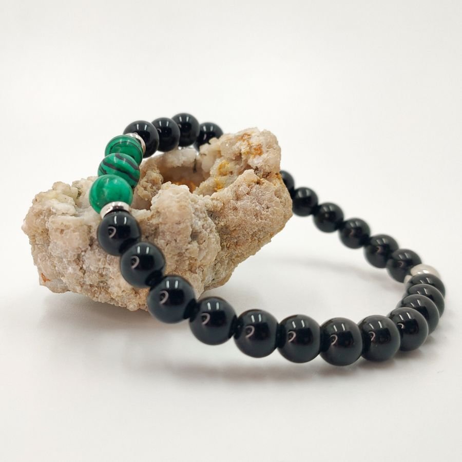 Pulseira masculina de pedra de malaquite com contas de ónix e aço inoxidável