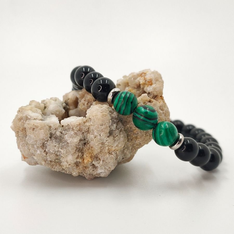 Pulseira masculina de pedra de malaquite com contas de ónix e aço inoxidável