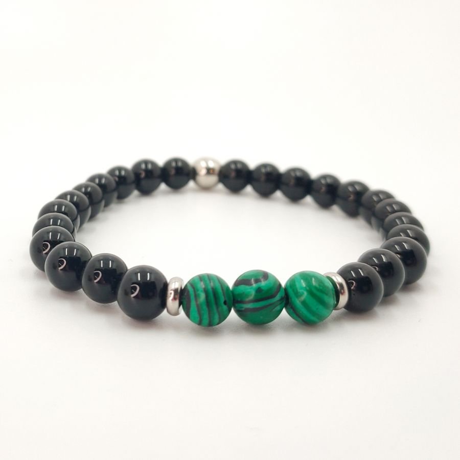 Pulseira masculina de pedra de malaquite com contas de ónix e aço inoxidável