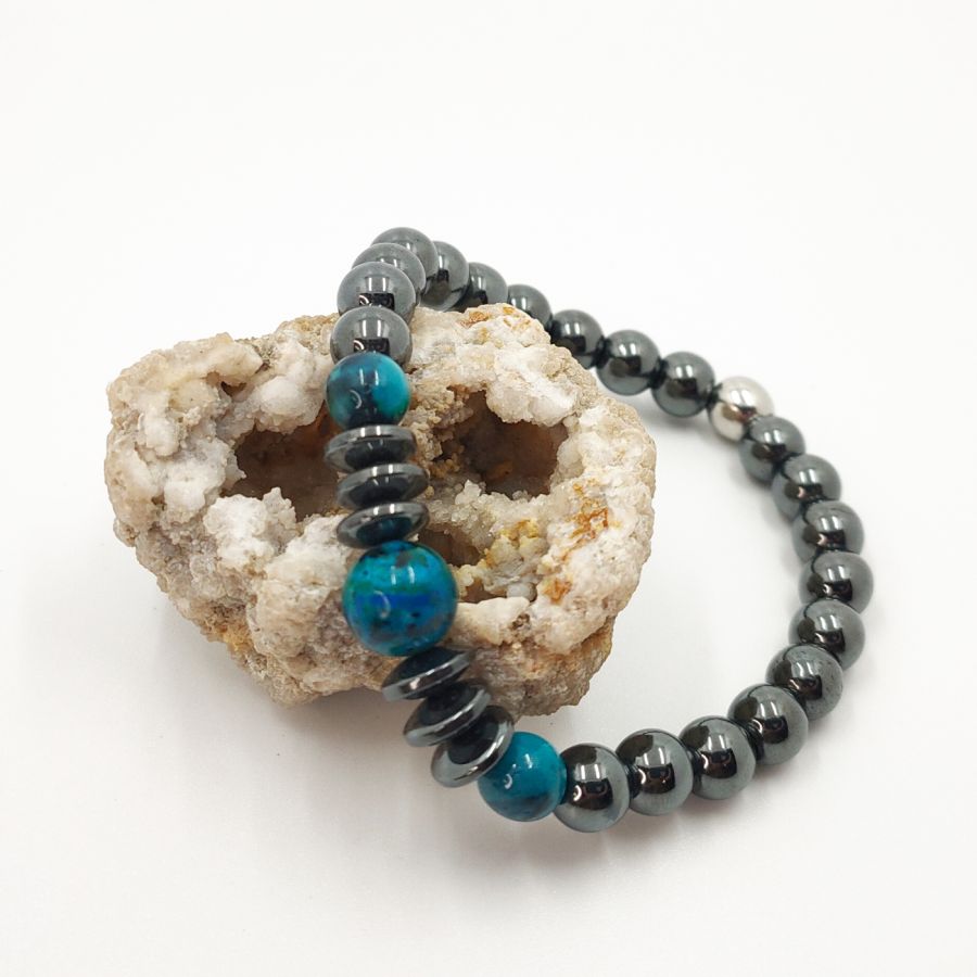 Pulseira masculina com pedras hematita cinzentas antracite e crysocolle 