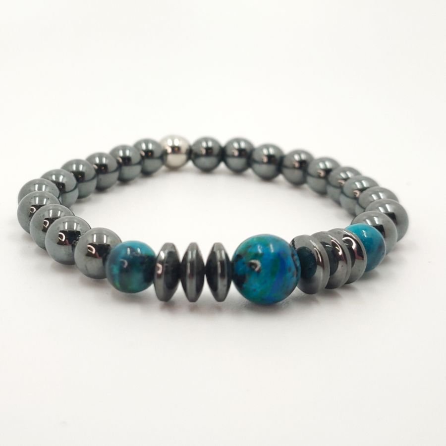 Pulseira masculina com pedras hematita cinzentas antracite e crysocolle 