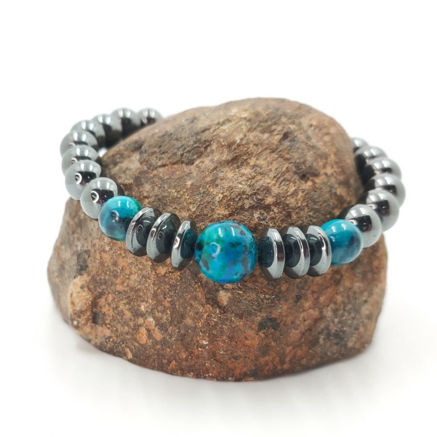 Pulseira masculina com pedras hematita cinzentas antracite e crysocolle 