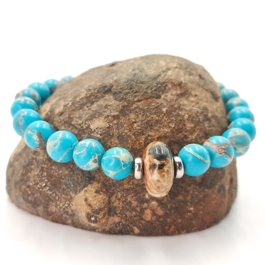 Pulseira masculina com jaspe castanho e pedras amazonite e aço inoxidável