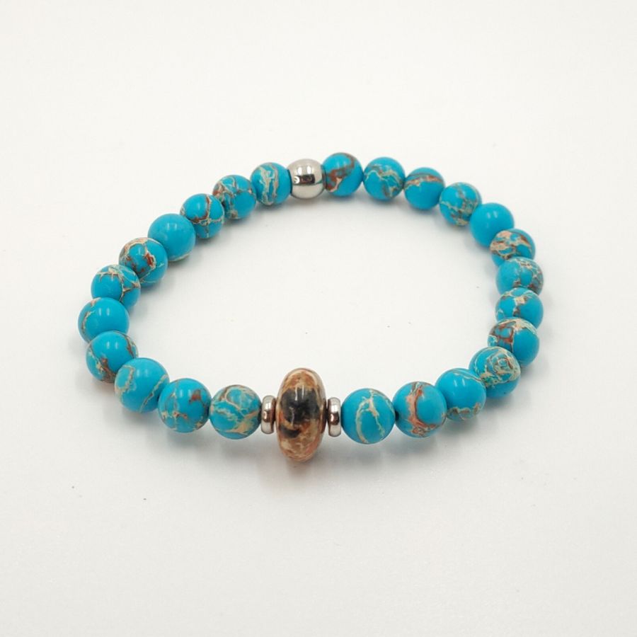 Pulseira masculina com jaspe castanho e pedras amazonite e aço inoxidável
