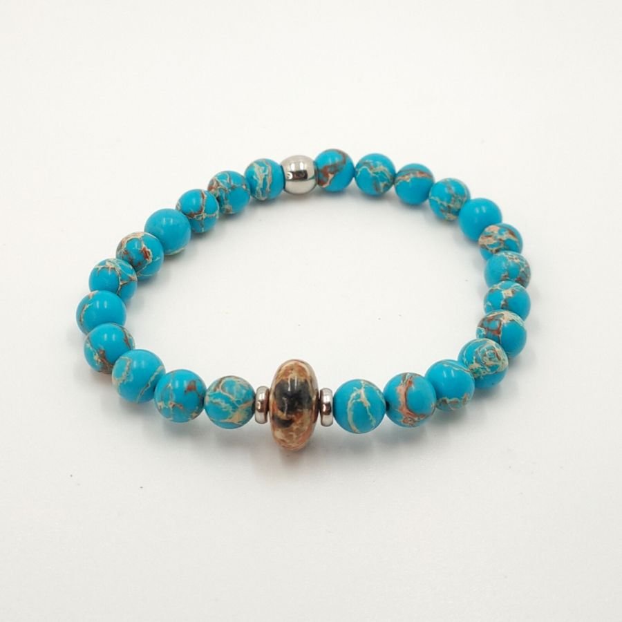 Pulseira masculina com jaspe castanho e pedras amazonite e aço inoxidável