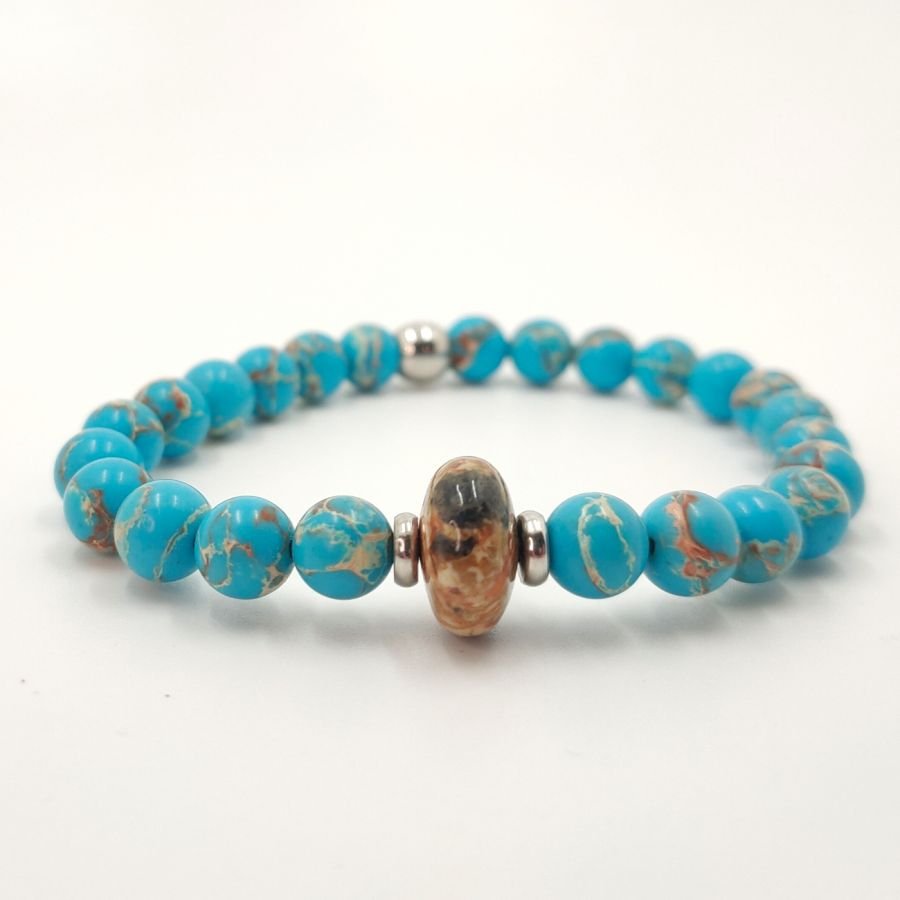 Pulseira masculina com jaspe castanho e pedras amazonite e aço inoxidável