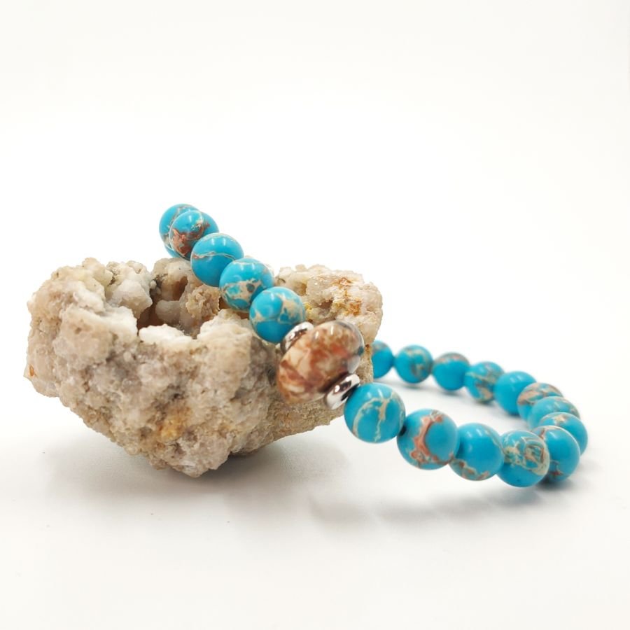 Pulseira masculina com jaspe castanho e pedras amazonite e aço inoxidável