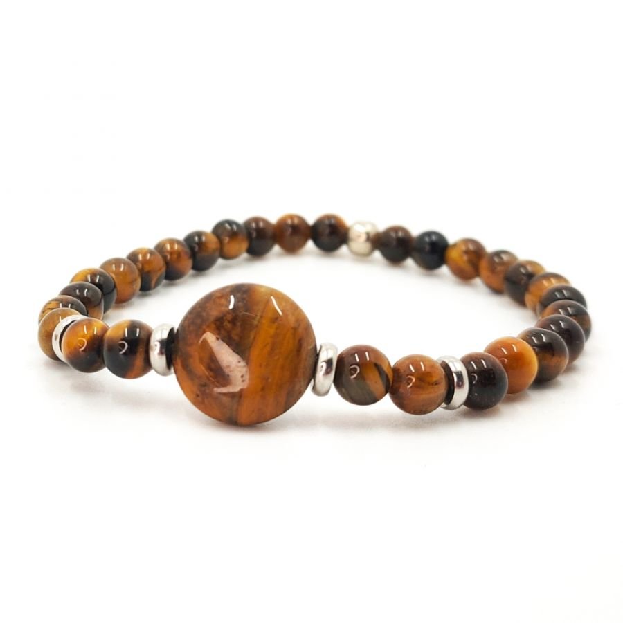 Pulseira de homem com pedras olho de tigre e aço inoxidável 