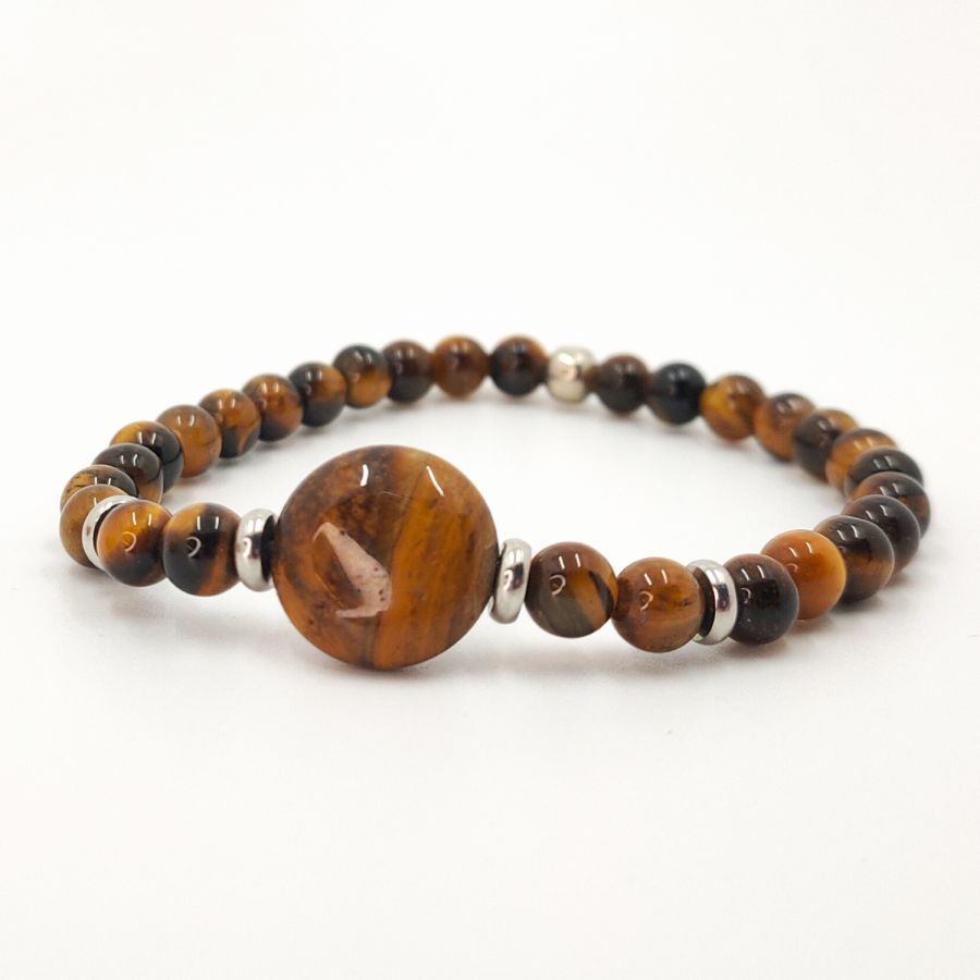 Pulseira de homem com pedras olho de tigre e aço inoxidável 