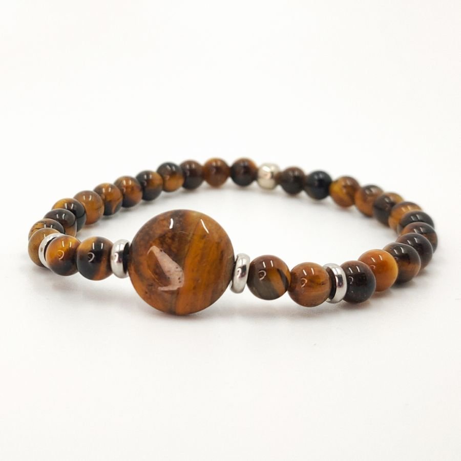 Pulseira de homem com pedras olho de tigre e aço inoxidável 