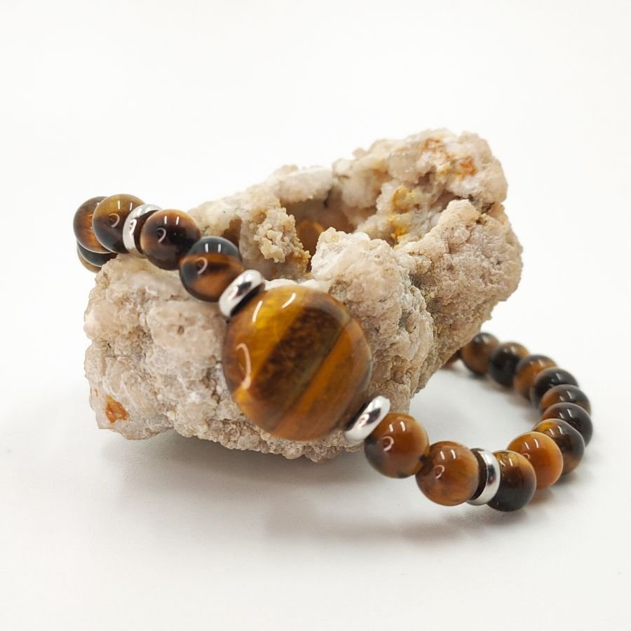 Pulseira de homem com pedras olho de tigre e aço inoxidável 
