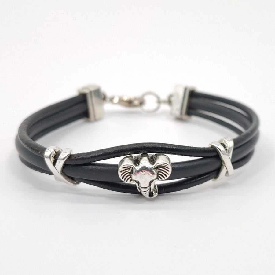 Pulseira de elefante sobre cordas de couro preto