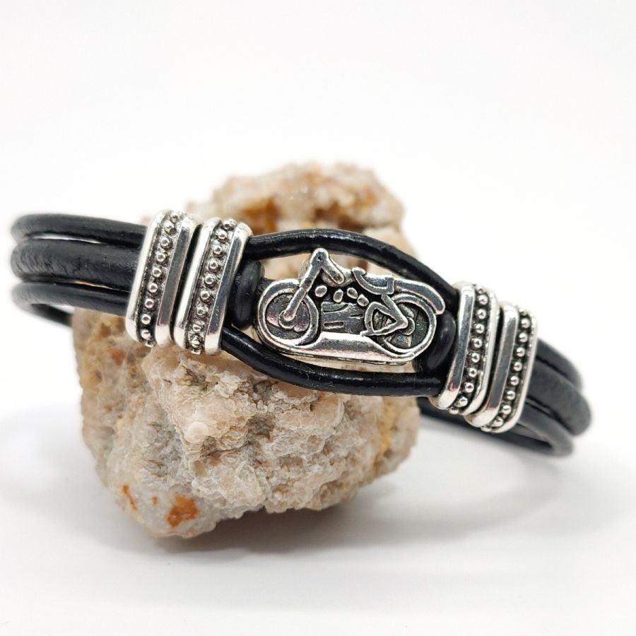 Pulseira de motocicleta em cordas de couro preto