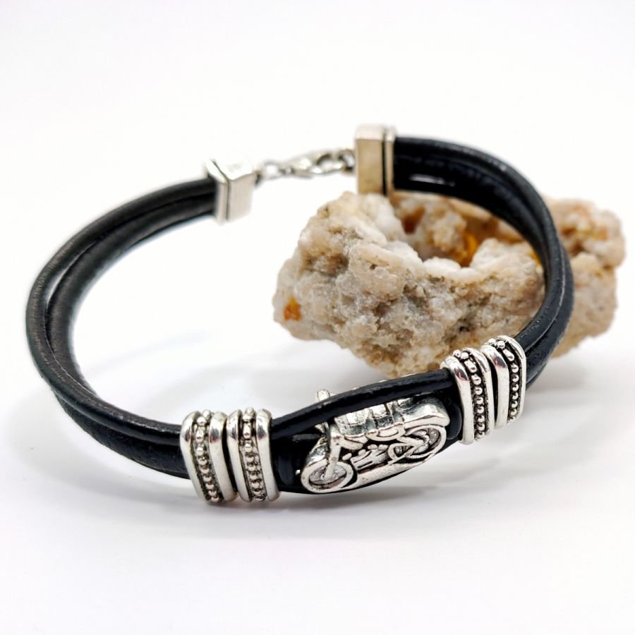 Pulseira de motocicleta em cordas de couro preto