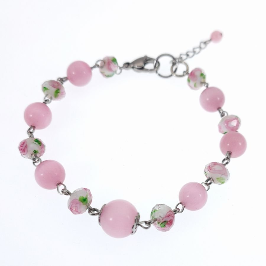 Pulseira de esferas de vidro rosa florido 