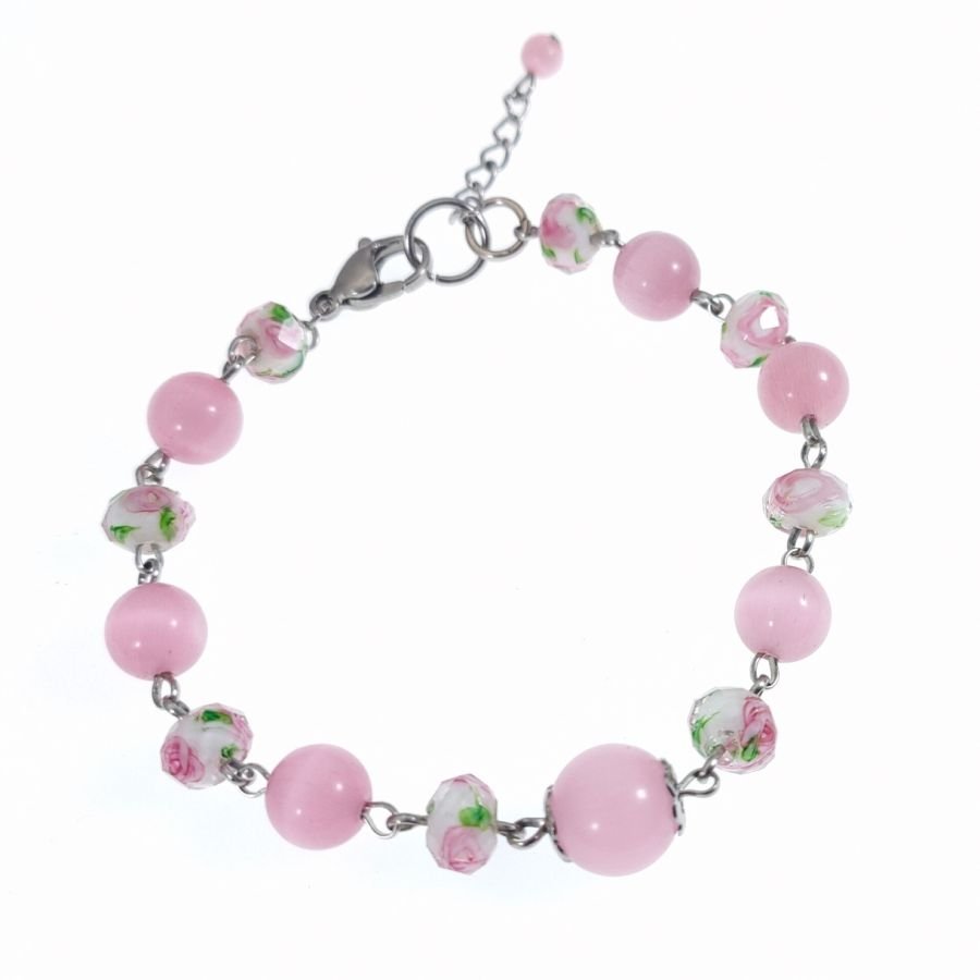 Pulseira de esferas de vidro rosa florido 
