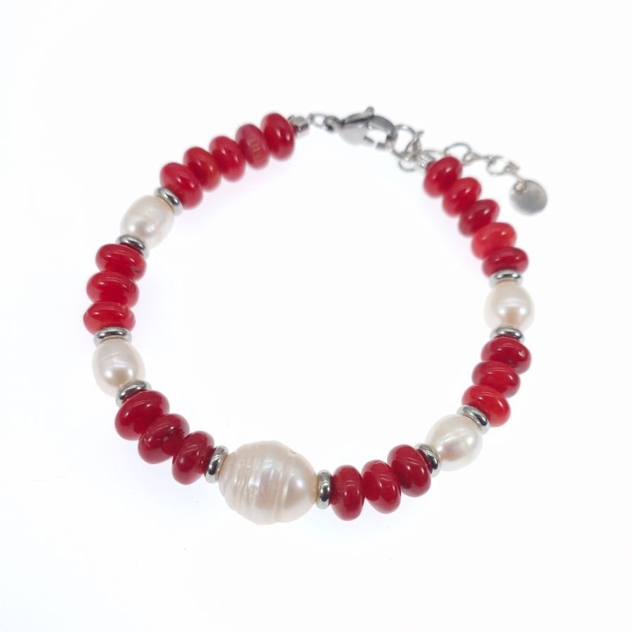 Pérola cultivada e bracelete gorgoniana vermelha