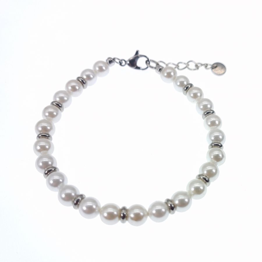 Pérola de cultura branca e bracelete de aço inoxidável