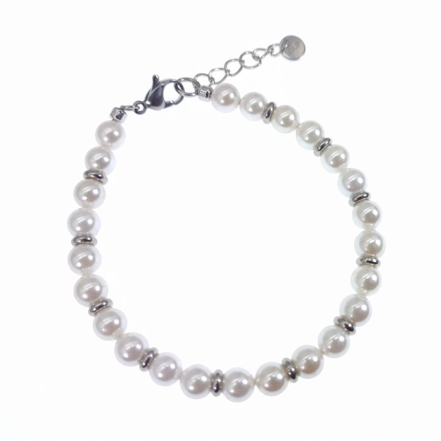 Pérola de cultura branca e bracelete de aço inoxidável