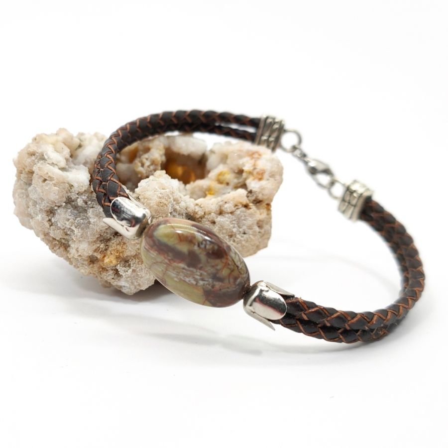 Pulseira de pedra de jaspe para homem em pele castanha de fila dupla