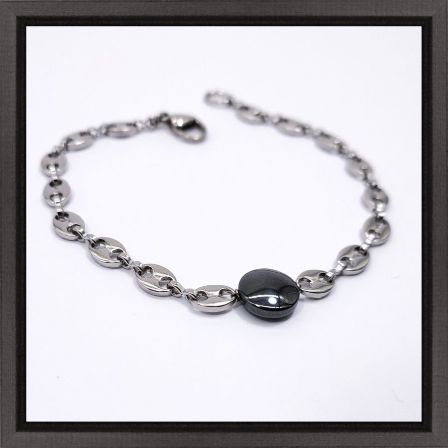Pulseira Hematite de pedra plana sobre corrente de grão de café de aço 