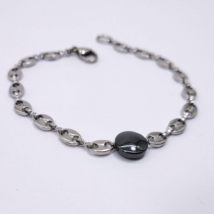 Pulseira Hematite de pedra plana sobre corrente de grão de café de aço 