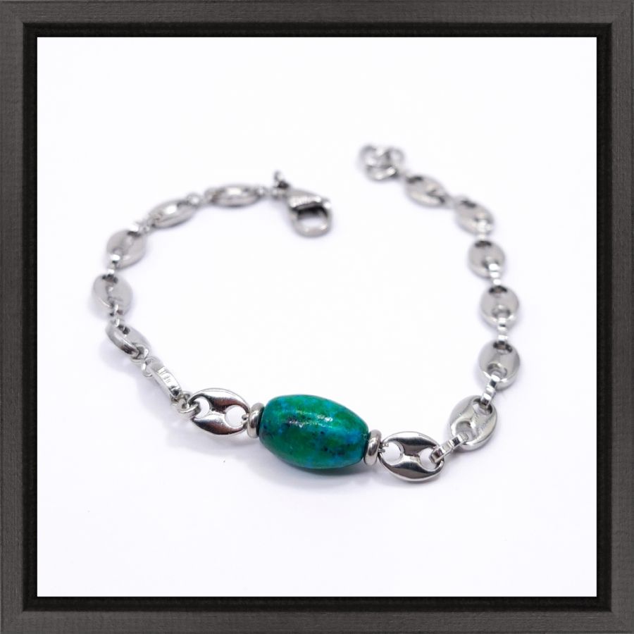 Pulseira de pedra rubizolita azul sobre corrente de café em grão de aço 