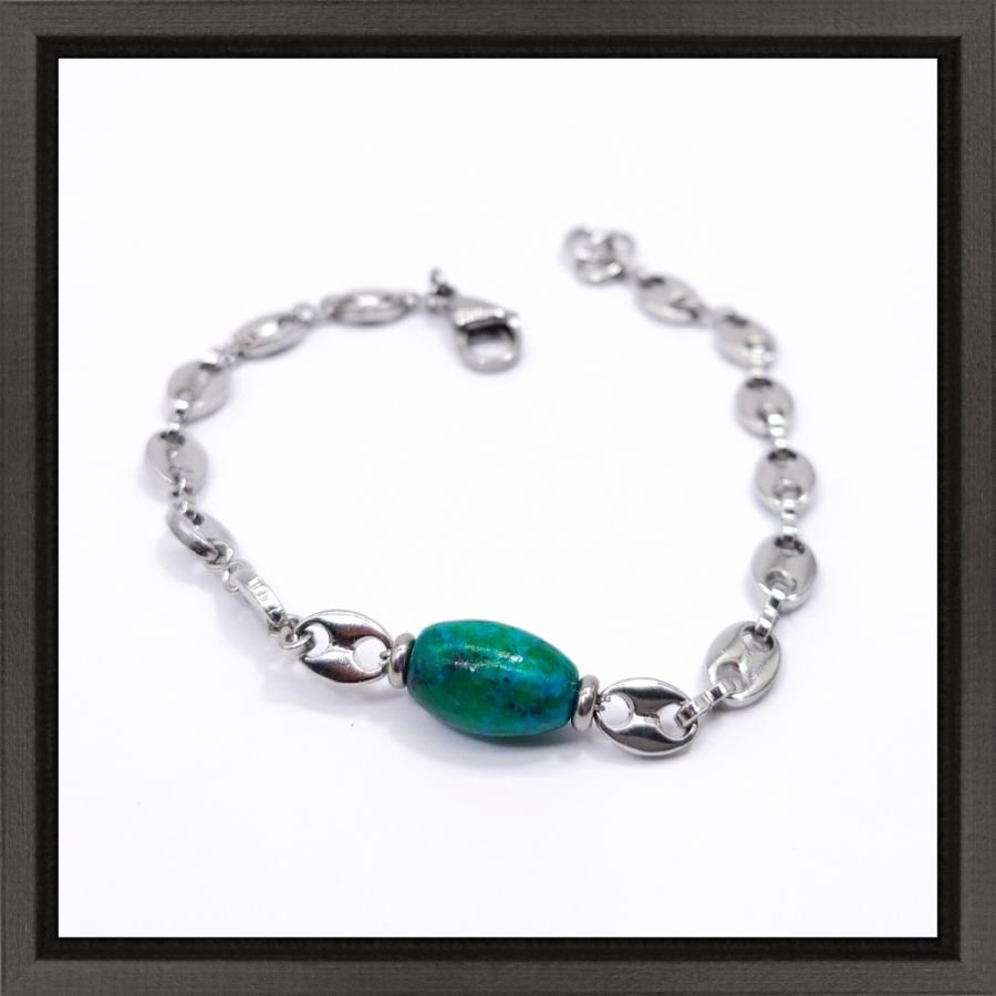 Pulseira de pedra rubizolita azul sobre corrente de café em grão de aço 