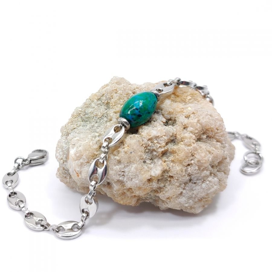 Pulseira de pedra rubizolita azul sobre corrente de café em grão de aço 