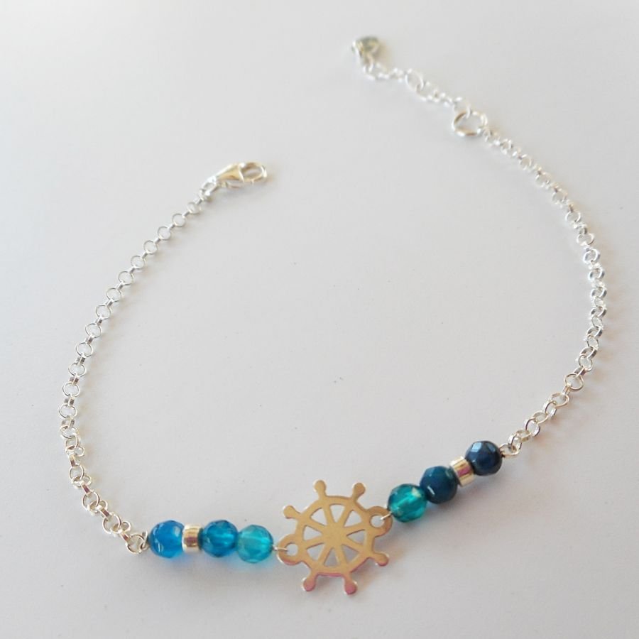 Pulseira de pedra ágata azul com leme sobre corrente de prata 925