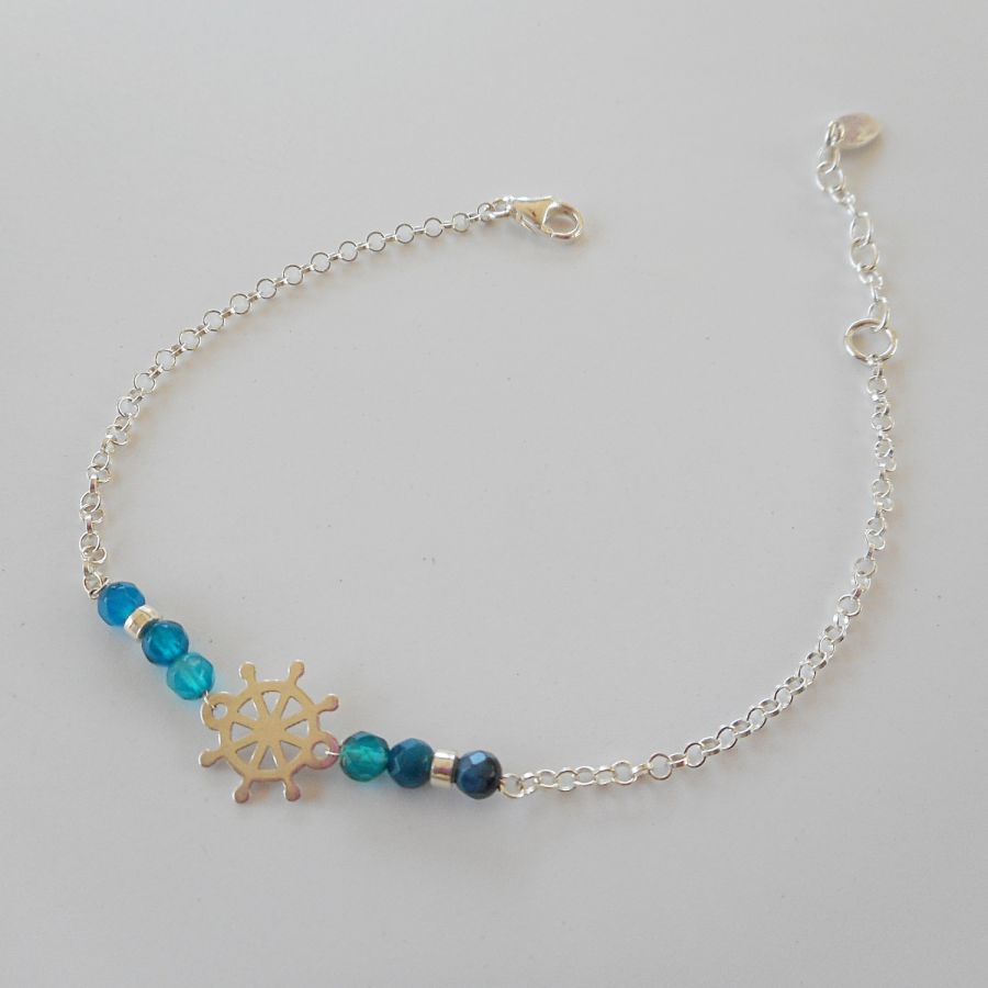 Pulseira de pedra ágata azul com leme sobre corrente de prata 925