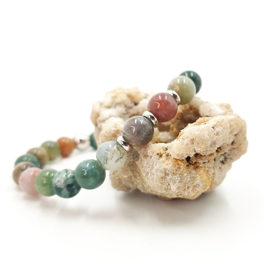 pedra ágata indiana e bracelete de aço inoxidável