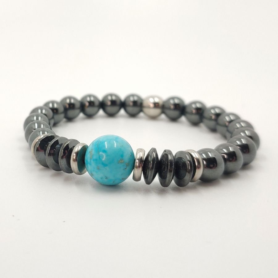 Pulseira com pedras hematita cinzentas e amazonite azul